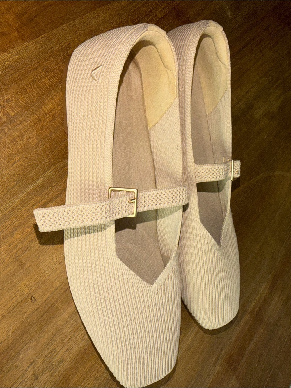 Knit Mary Jane Flats in Pale Beige with Adjustable Strap